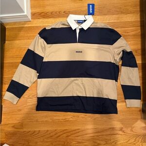 NWT HUGO by Hugo Boss Men's Navy and Tan Long Sleeve Rugby Shirt - Size M